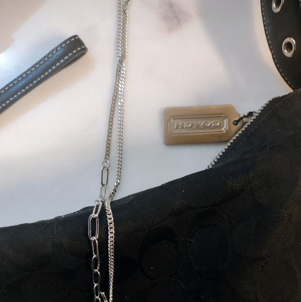 COACH Black Bucket Bag Shoulder Purse with Iconic Logo Print Fabric